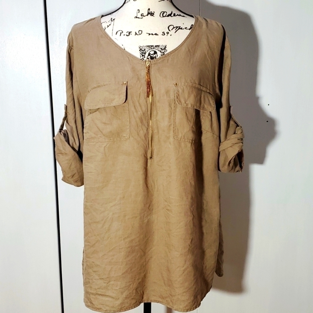 Ellen Tracy| Tan Khaki Linen Tunic Top Front Pockets Neutral Lagenlook Sz.1X